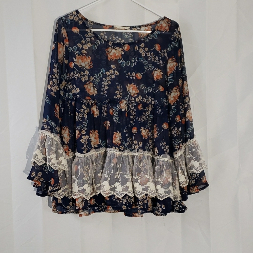 Floral Sheer Blouse babydoll lace bell flutter sleeves Cottagecore dark floral